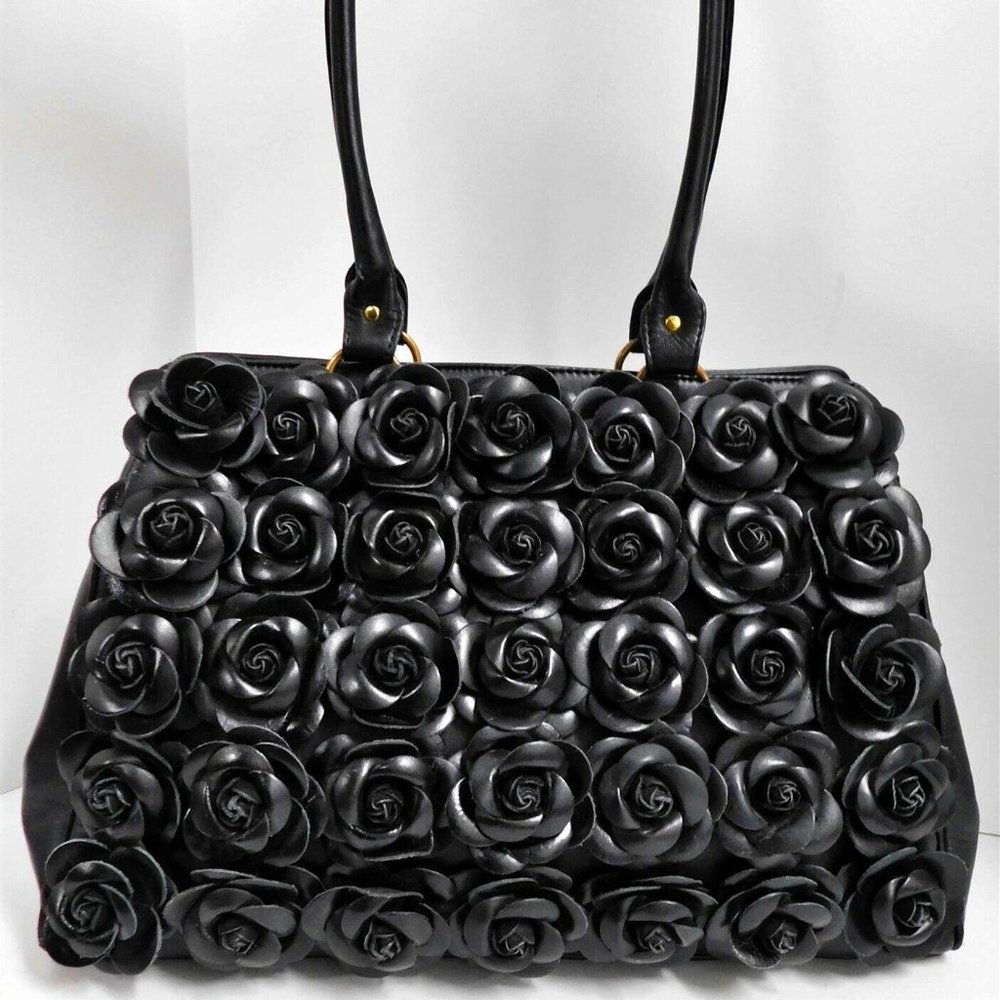 Clever Carriage Company French Black‎ Leather Rose Large Satchel